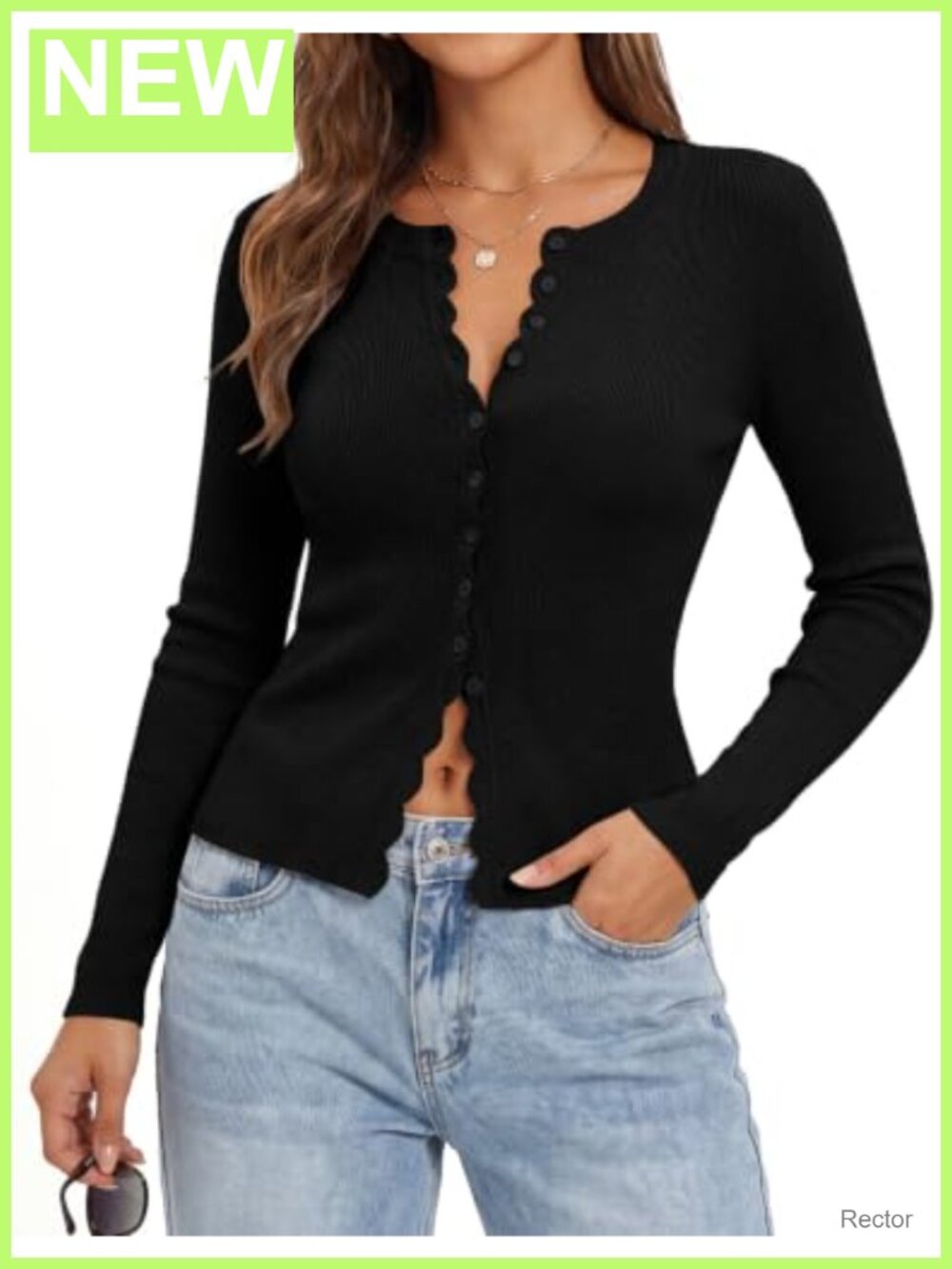 Womens Cropped Cardigan Button Up Scalloped Long Sleeve Slim Fit Knit